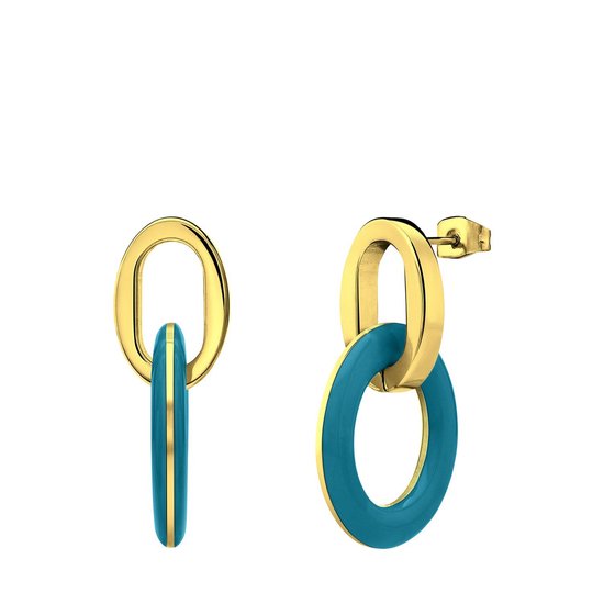 Lucardi Dames Stalen goldplated oorbellen met lichtblauw emaille - Oorbellen - Staal - Goud