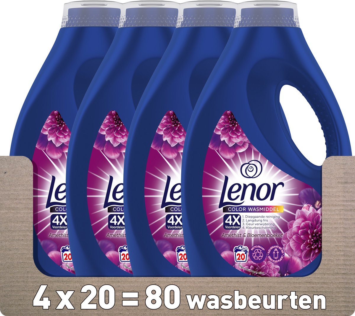 Goedkoopste Lenor Amethist & Bloemenboeket - Vloeibaar Wasmiddel - Voordeelverpakking 4 x 20 Wasbeurten