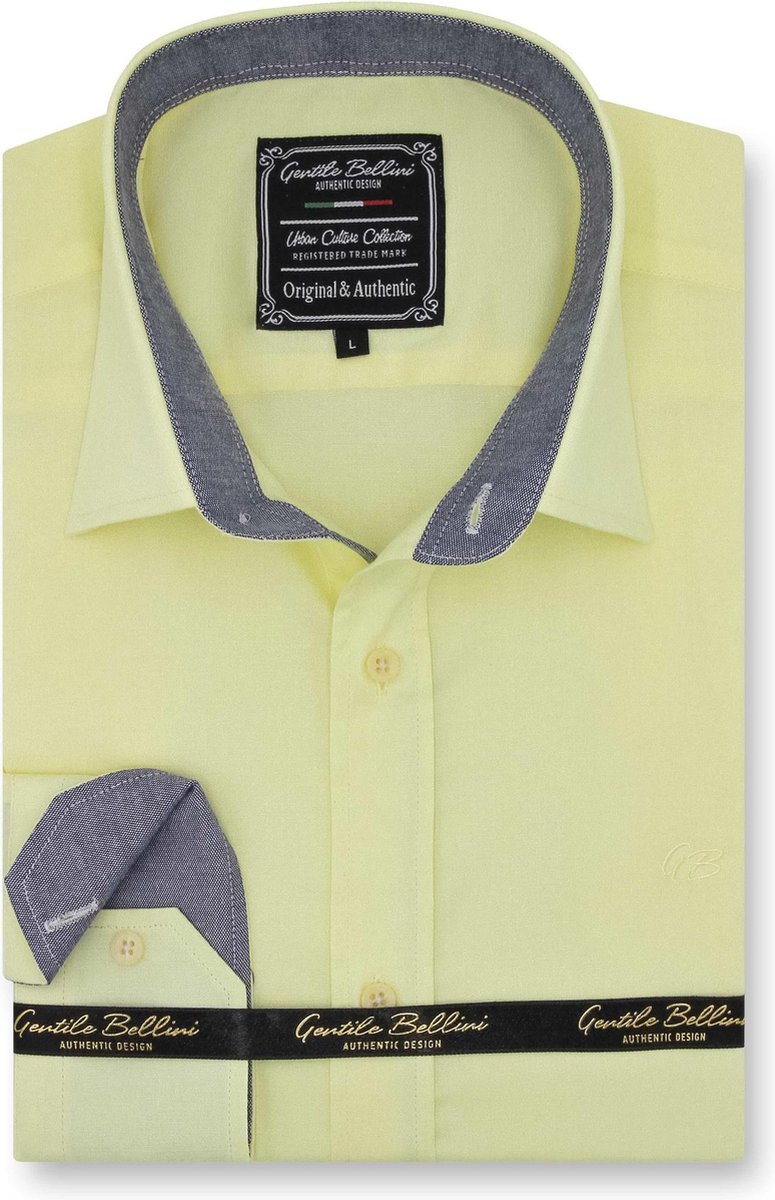 Heren Overhemd - Slim Fit - Chambray Contrastbeleg - Geel - Maat S