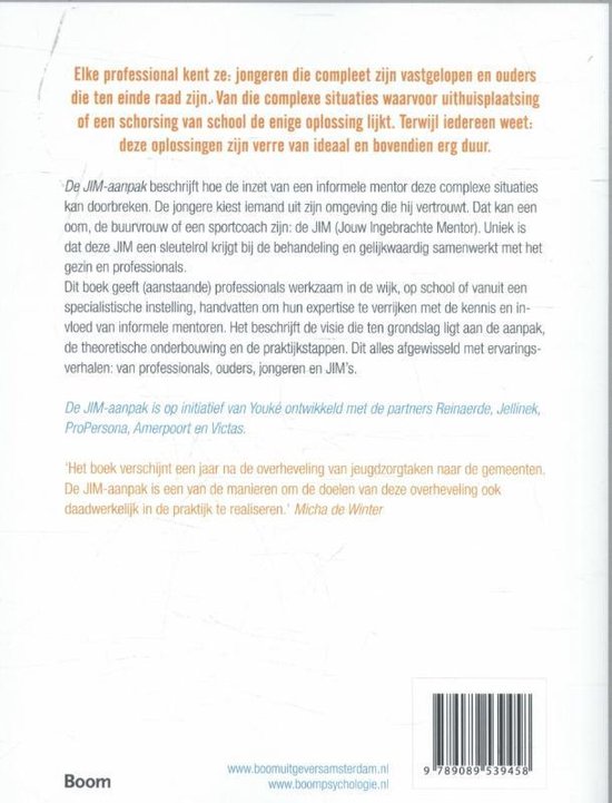Achterkant van het boek "De JIM-aanpak" met tekst en barcode.
