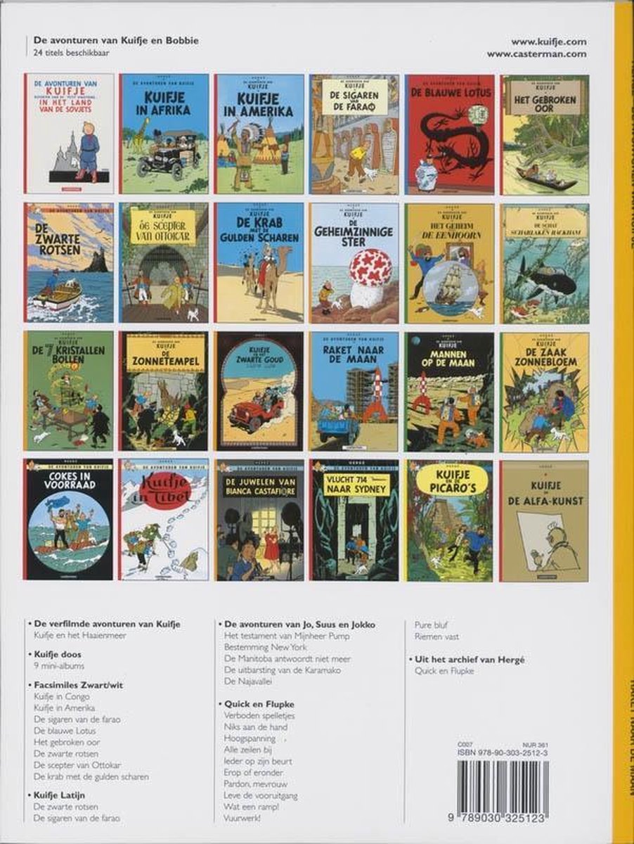 Achterkant van een boek met 24 titels van "De avonturen van Kuifje", de meeste met Kuifje en Bobbie in diverse avonturen, en een lijst met titels.