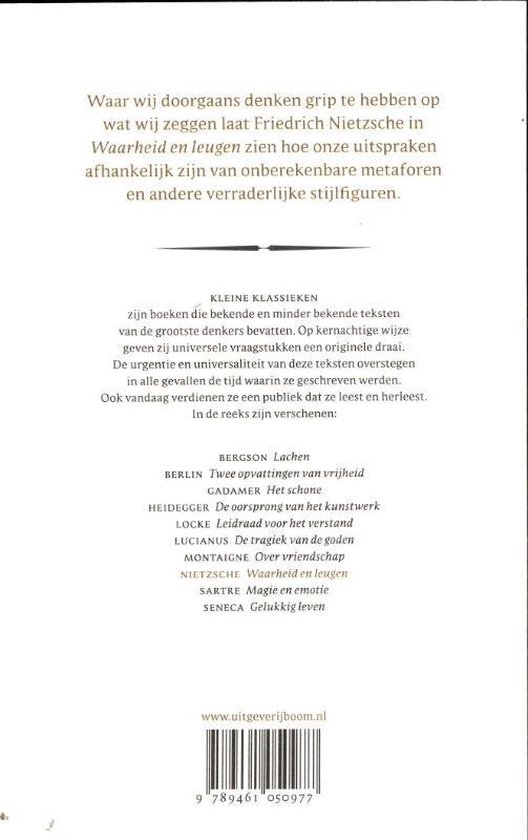 Achterkant boek 'Kleine Klassieken - Waarheid en leugen' met lijst van andere titels en ISBN-barcode.