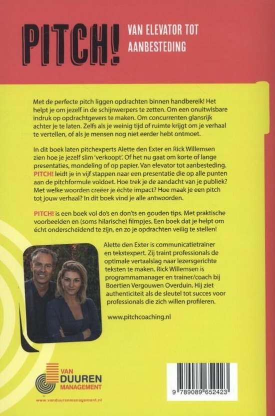 Boekomslag van 'Pitch! Van Elevator tot Aanbesteding'. Twee personen, Alette den Exter en Rick Willemsen, staan op de foto.
