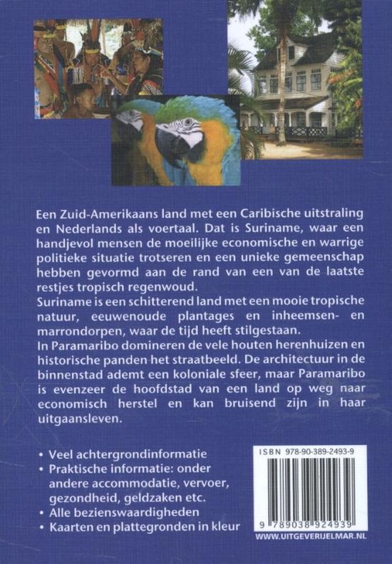 Achterkant van het boek over Suriname met afbeeldingen van mensen, een historische villa en een ara-papegaai.