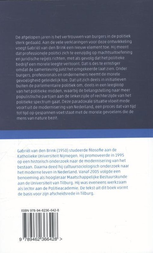 Achterkant van een boek met tekst over de auteur Gabriël van den Brink en een ISBN-nummer.