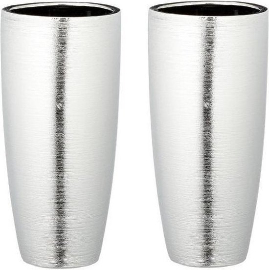 Set van 2x stuks matte zilveren ronde bloemenvazen keramiek 28 x 13,5 cm -  Zilver -... | bol.com