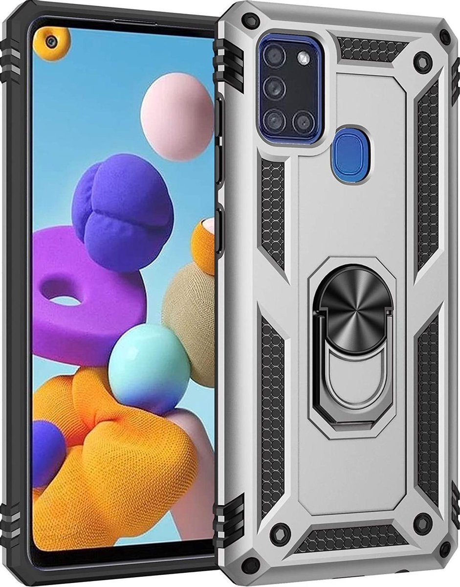 Anti-Shock Hybrid Ring Armor Hoesje Geschikt voor: Samsung Galaxy M21 - zilver
