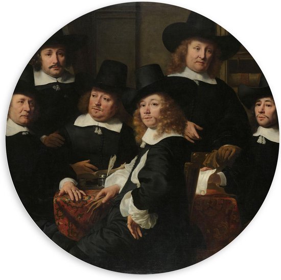 Forex Wandcirkel - Oude Meesters - Zes regenten en de bode van het Nieuwe Zijds Huiszittenhuis te Amsterdam, 1657, Ferdinand Bol, 1657 - 100x100cm Foto op Wandcirkel (met ophangsysteem)
