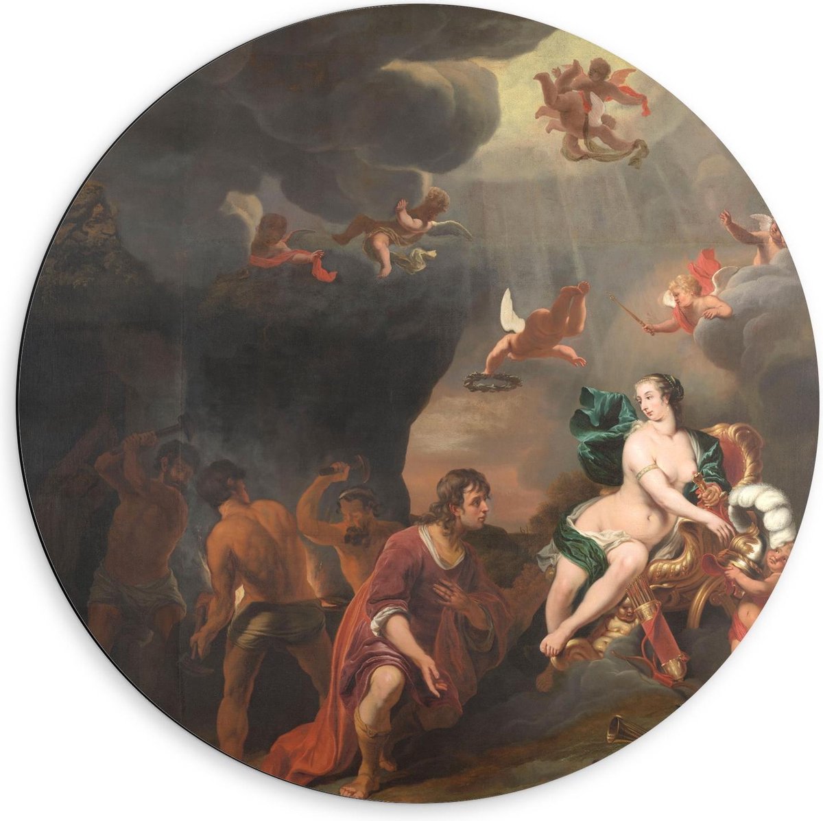 KuijsFotoprint Dibond Wandcirkel - Oude Meesters - Aeneas ontvangt nieuwe wapenrusting, Ferdinand Bol - 60x60cm Foto op Aluminium Wandcirkel (met ophangsysteem) Rood