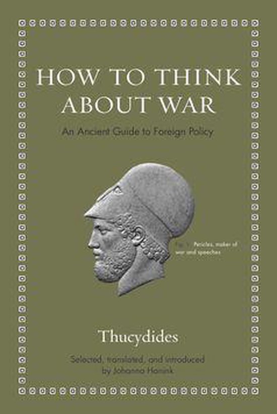 Boekhoes 'How to Think About War' met Griekse helm en tekst 'An Ancient Guide to Foreign Policy'.