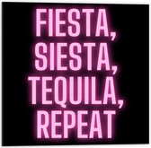 Dibond - Tekst: ''Fiesta, Siesta, Tequila, Repeat'' zwart/roze - 50x50cm Foto op Aluminium (Wanddecoratie van metaal)