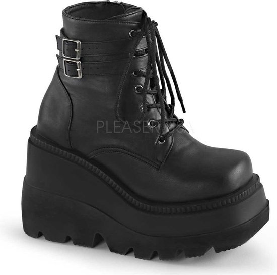 Shaker-52 wedge platform ankle boot with buckles matt black - (EU 38 = US 8) - Demonia