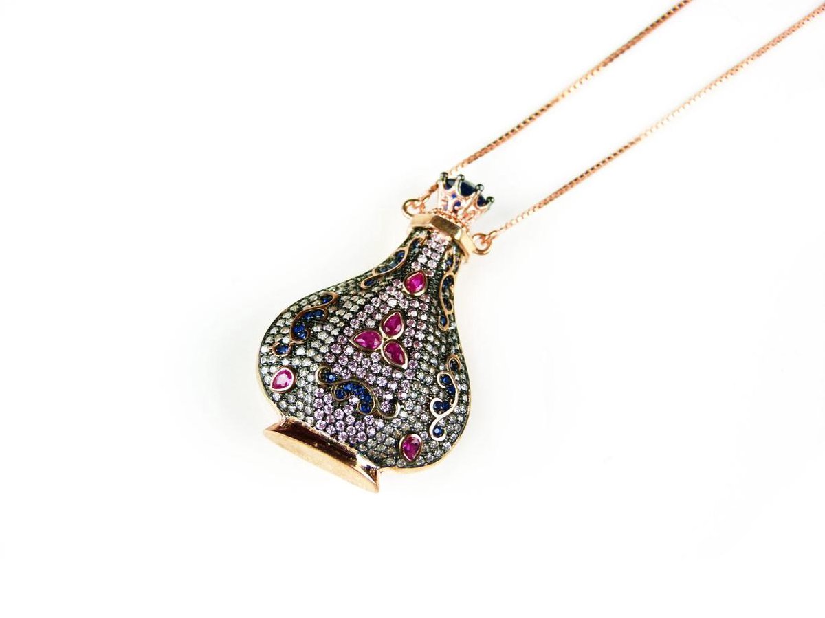 Zilveren collier halssnoer Model Arabic Delight roos goud verguld met hanger gezet met gekleurde stenen