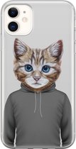 iPhone 11 hoesje siliconen - Kat schattig - Soft Case Telefoonhoesje - Kat - Transparant, Grijs