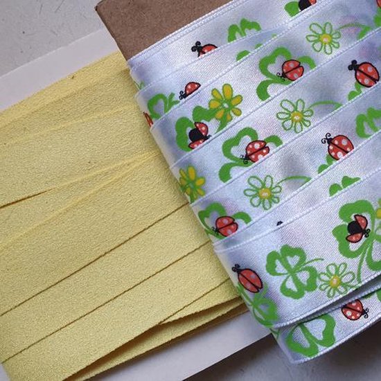 Ruban Trèfle à Quatre Feuilles et Ruban Suédine Jaune - Bande - 2 x 500 cm - 15 mm de largeur et 20 mm de largeur - Décoration de Pâques - Décorations de Noël - Vert - Jaune - Multi