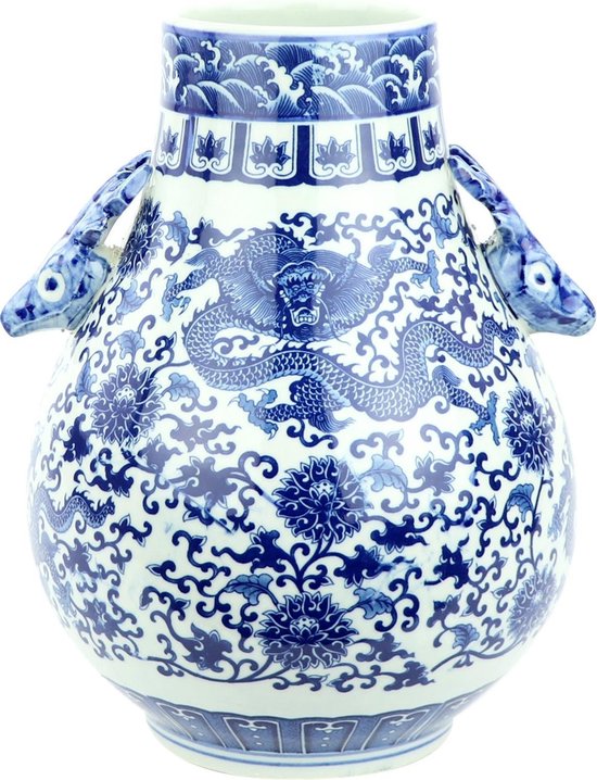 Fine Asianliving Vase Chinois en Porcelaine Peinte à la Main Blauw Dragon - Wit D24xH29cm