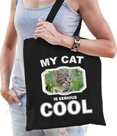 Dieren Bruine katten tasje katoen volw + kind zwart - my cat is serious cool kado boodschappentas/ gymtas / sporttas - katten/ poes