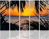 Schilderij ,Tropische Zonsondergang aan het strand , Multikleur ,4 maten , 5 luik , wanddecoratie , Premium print , XXL
