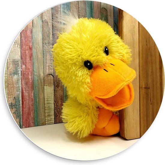 Forex Wandcirkel - Gele Eend Knuffel - 50x50cm Foto op Wandcirkel (met ophangsysteem)