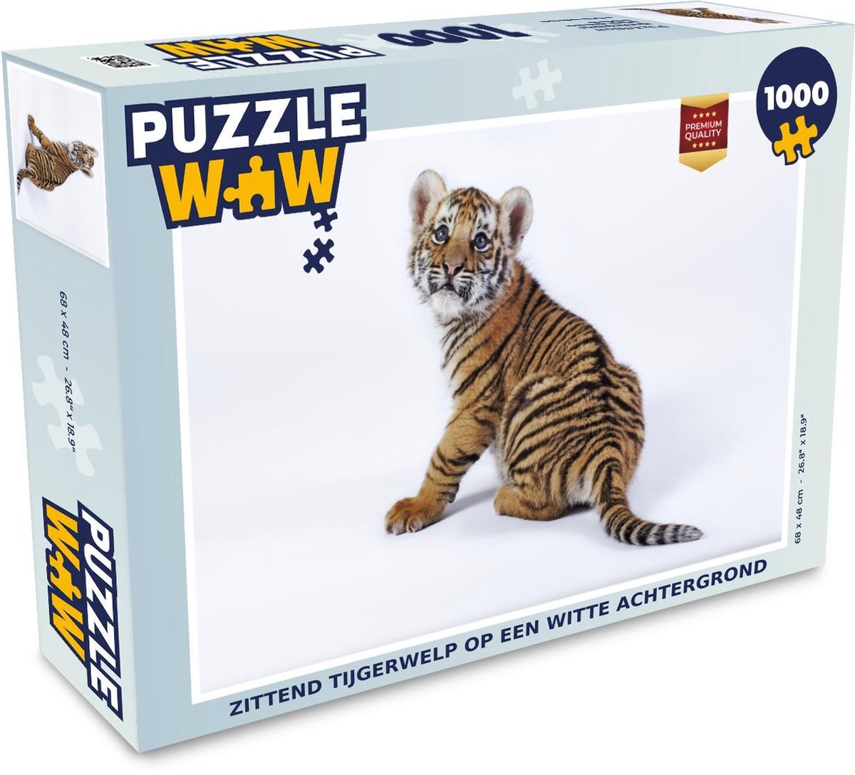 Afbeelding van product Puzzel 1000 stukjes volwassenen Tijger op witte achtergrond 1000 stukjes - Zittend tijgerwelp op een witte achtergrond - PuzzleWow heeft +100000 puzzels