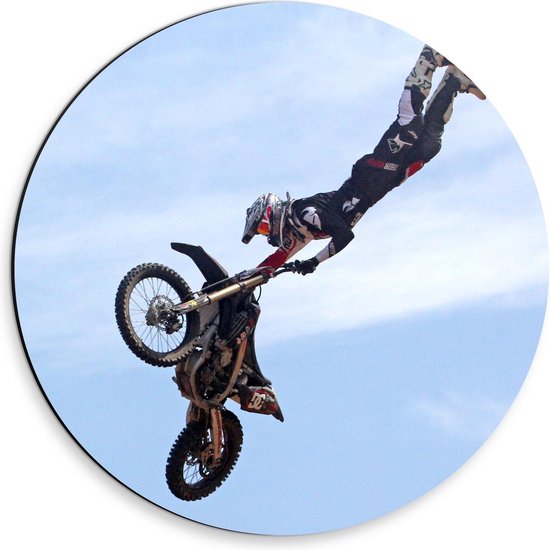 Dibond Wandcirkel - Motorcrosser in de Lucht met Motor - 30x30cm Foto op Aluminium Wandcirkel (met ophangsysteem)