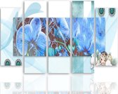 Schilderij , Blauwe orchidee , 4 maten , 5 luik , Blauw wit bruin , Wanddecoratie , XXL