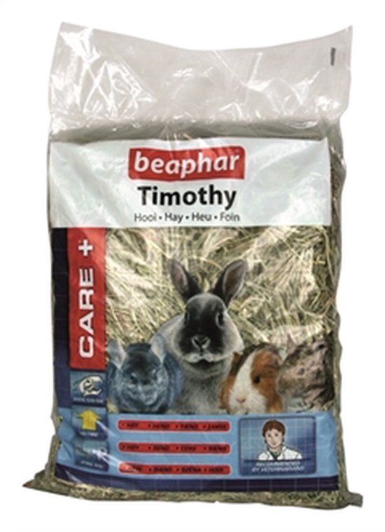 Beaphar Care+ Timothy hooi met afbeeldingen van een konijn, cavia en chinchilla. 1 kg.