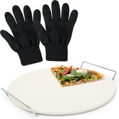 Relaxdays 3er pizza set - pizzasteen oven - pizza steen bbq - ovenhandschoenen - zwart