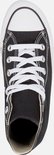 Zwarte hoge Converse sneakers met witte veters, witte zool, van bovenaf gezien.