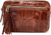 Schoudertas Croco Leer Dames Crossbodytas Cognac - Made in Italy - Schoudertas Dames Klein - Kroko Tas