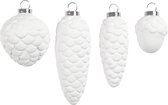 Hangende ornamenten. wit. H: 3.5+5+6.6+8.5 cm. d: 2.5+3+4.5 cm. 4 stuk/ 1 doos