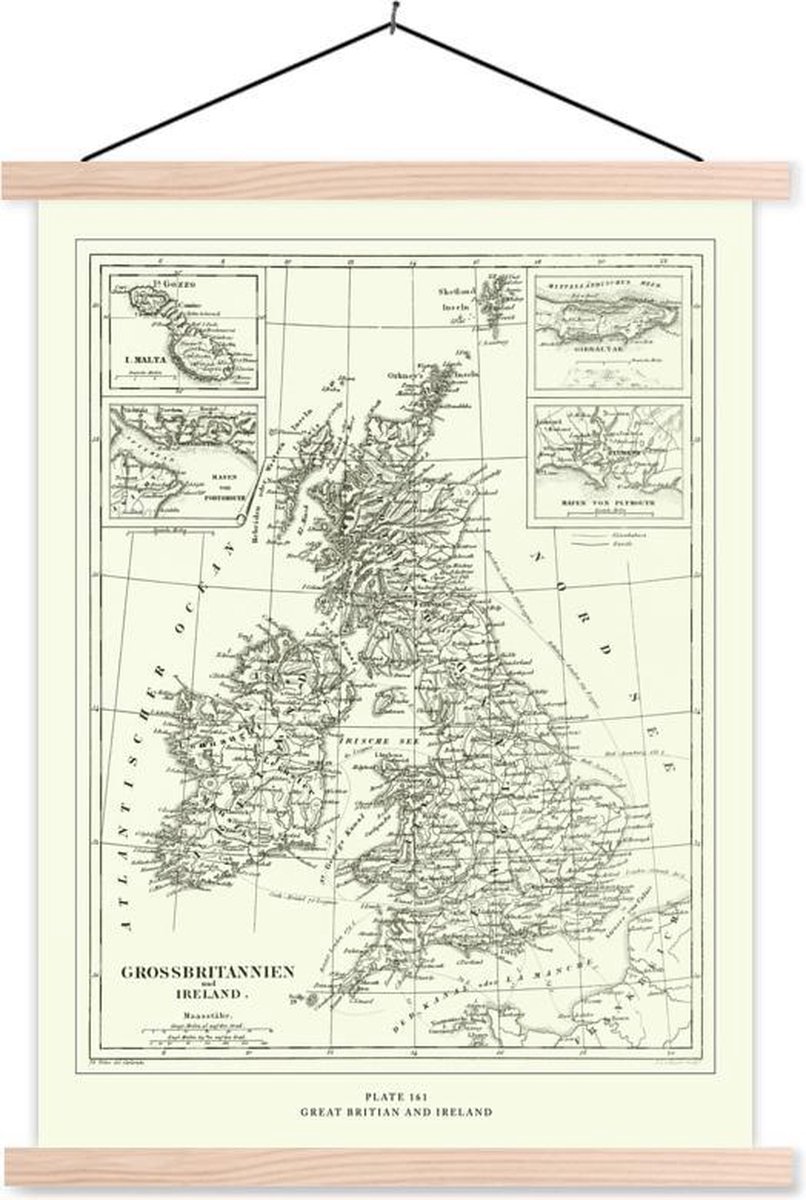 Posterhanger incl. Poster 87x120 cm - Schoolplaat - Klassieke wereldkaart Groot Brittannië en Ierland - Textielposter - Blanke latten