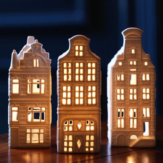 Waxinelichthouders - set van 3 - hoogte 15 cm - &klevering - grachtenpand - Hollandse cadeautjes - housewarming cadeau - sfeerlichtjes binnen