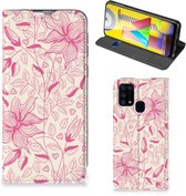 Magnet Case Geschikt voor Samsung Galaxy M31 Telefoon Hoesje Roze Bloemen