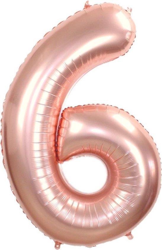Folie ballon XL 100cm met opblaasrietje - cijfer 6 rose goud - 6 jaar folieballon - 1 meter groot met rietje - Mixen met andere cijfers en/of kleuren binnen het Jumada merk mogelijk