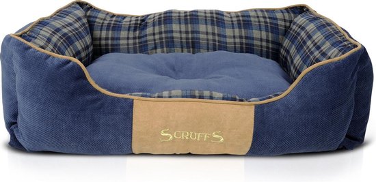 Stevige Hondenmand van Hoogwaardige Chenille stof met anti-slip onderzijde - Scruffs Highland Box Bed - Kleur: Blauw, Maat: Medium