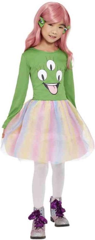 Smiffy's - Alien Kostuum - Funky Regenboog Jurkje Meisje - Groen, Multicolor - Large - Halloween - Verkleedkleding