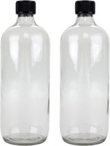 2x Glazen flessen met schroefdop - Kruiken - 1000 ml - Ronde glasflessen / flessen met schoefdoppen
