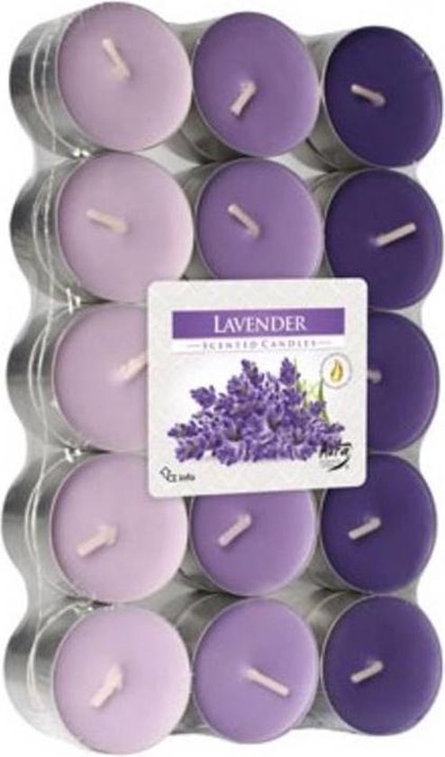 30x stuks Waxinelichtjes/theelichten lavendel geurkaarsen 4 branduren - Woon accessoires kaarsen