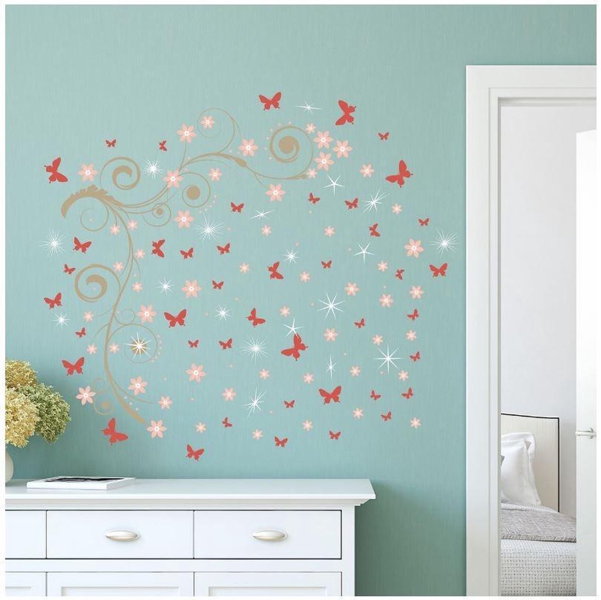 Walplus - Muursticker - Roze Vlinders Wijnstokken met Swarovski Kristallen