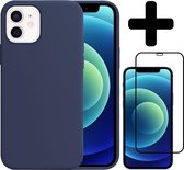 Hoes voor iPhone 12 Mini Hoesje Siliconen Case Met Screenprotector Full Cover 3D Tempered Glass - Hoes voor iPhone 12 Mini Hoes Cover Met 3D Screenprotector - Donker Blauw
