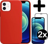 Hoesje Geschikt voor iPhone 12 Mini Hoesje Siliconen Case Hoes Met 2x Screenprotector - Hoes Geschikt voor iPhone 12 Mini Hoes Cover Case - Rood