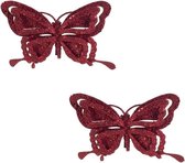 6x Kerstboomversiering op clip vlinder glitter bordeaux rood 14 cm - kerstfiguren - vlinders