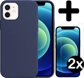 Hoes voor iPhone 12 Hoesje Siliconen Case Met 2x Screenprotector Tempered Glass - Hoes voor iPhone 12 Case Siliconen Hoesje Cover - Hoes voor iPhone 12 Hoes Hoesje - Donker Blauw