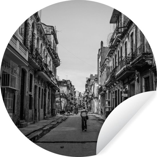 Rue délabrée de Cuba Sticker mural noir et blanc de papier peint rond