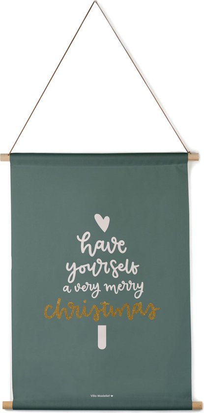 Villa Madelief Interieurbanner Have yourself a very merry Christmas groen - Textielposter - 30x40cm - Wandkleed - Wandtapijt - Wanddecoratie voor thuis - Makkelijk op te hangen - Poster met houten hangers