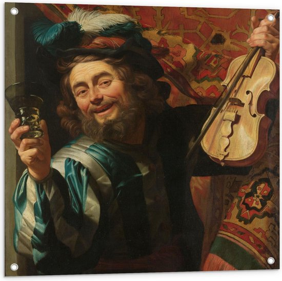 Tuinposter – Oude meesters - Een vrolijke vioolspeler, Gerard van Honthorst, 1623 - 80x80cm Foto op Tuinposter  (wanddecoratie voor buiten en binnen)