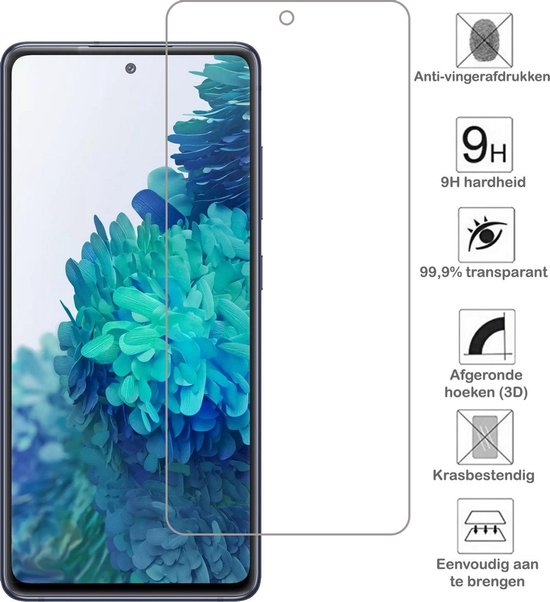 Screenprotector op een smartphone met groenblauwe achtergrond. Iconen met "Anti-vingerafdrukken", "9H hardheid", "99,9% transparant", "Afgeronde hoeken (3D)", "Krasbestendig", "Eenvoudig aan te brengen".