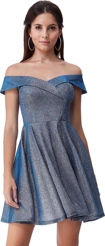 Speels jurkje met offshoulder mouwtjes - Maat 42 - Blauw | bol.com
