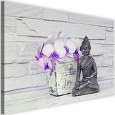 Schilderij Boeddha naast bloemen , 2 maten , wit grijs paars (wanddecoratie)